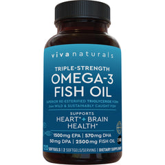 Viva Naturals Omega-3 bottle front shows triple-strength softgels for daily heart and brain support