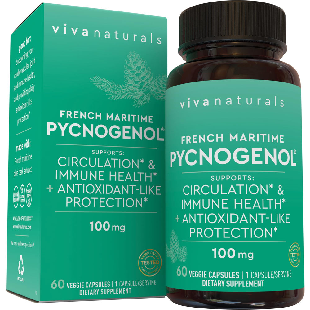 Viva Naturals Pycnogenol bottle close-up highlighting 100 mg extract for daily wellness.