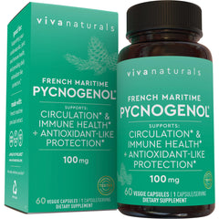 Viva Naturals Pycnogenol bottle close-up highlighting 100 mg extract for daily wellness.