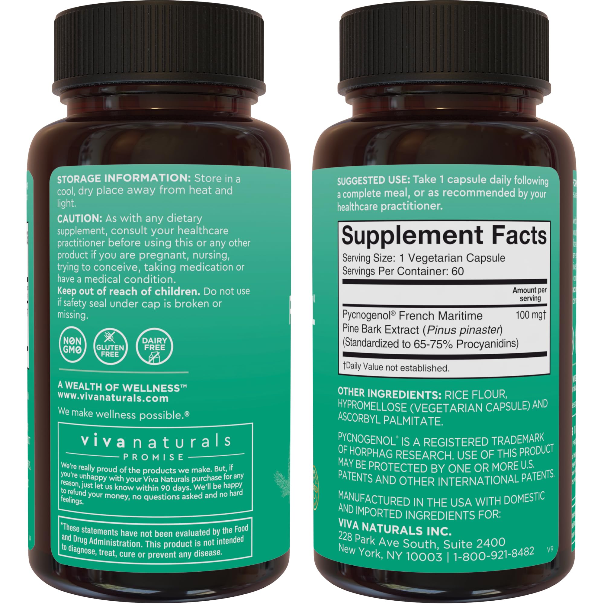 Viva Naturals Pycnogenol label close-up suggesting skin hydration benefits.