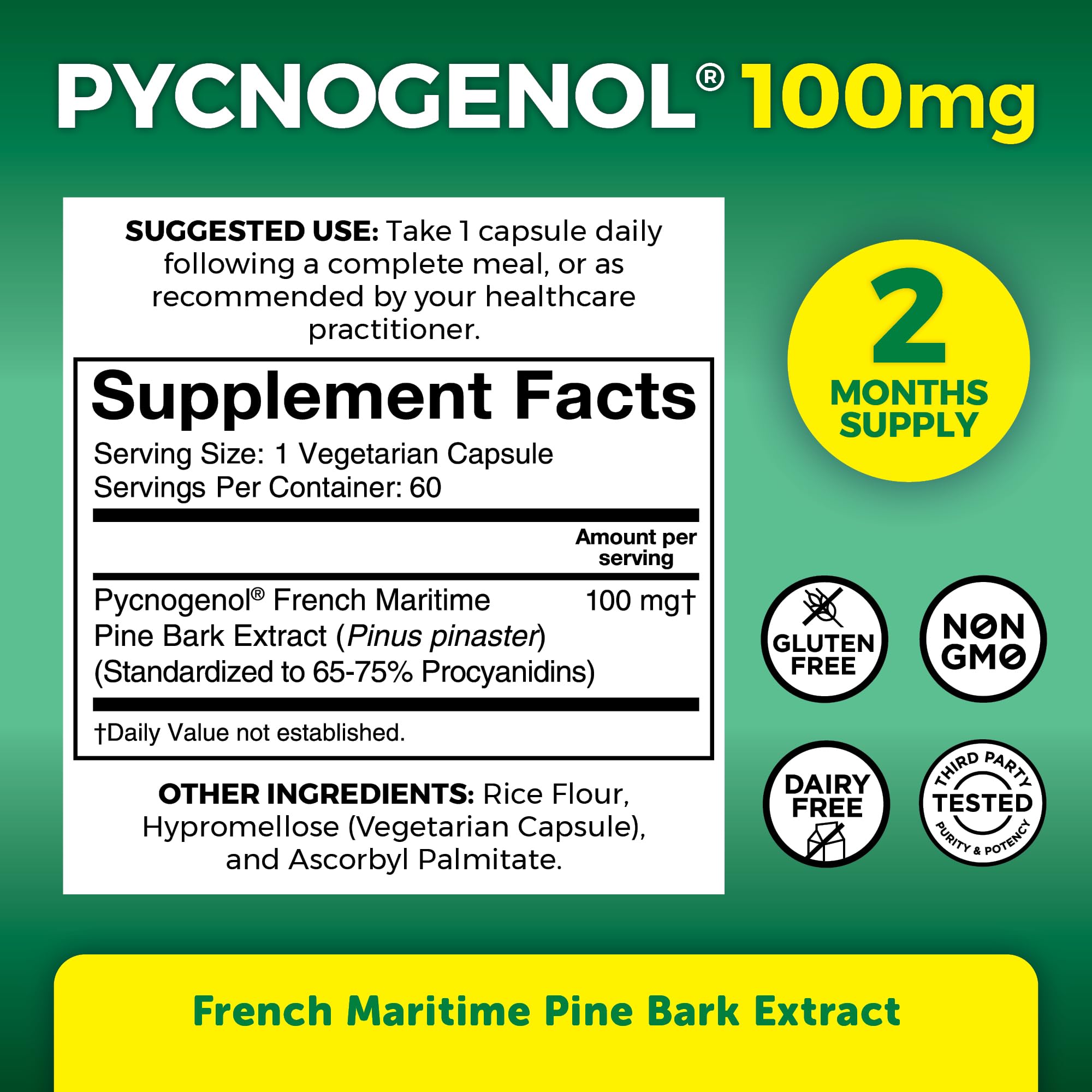 Viva Naturals Pycnogenol packaging shot emphasizing purity and non-GMO quality.