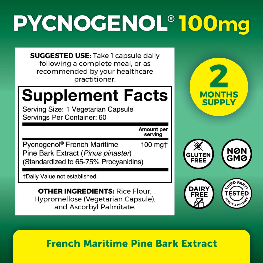 Viva Naturals Pycnogenol packaging shot emphasizing purity and non-GMO quality.
