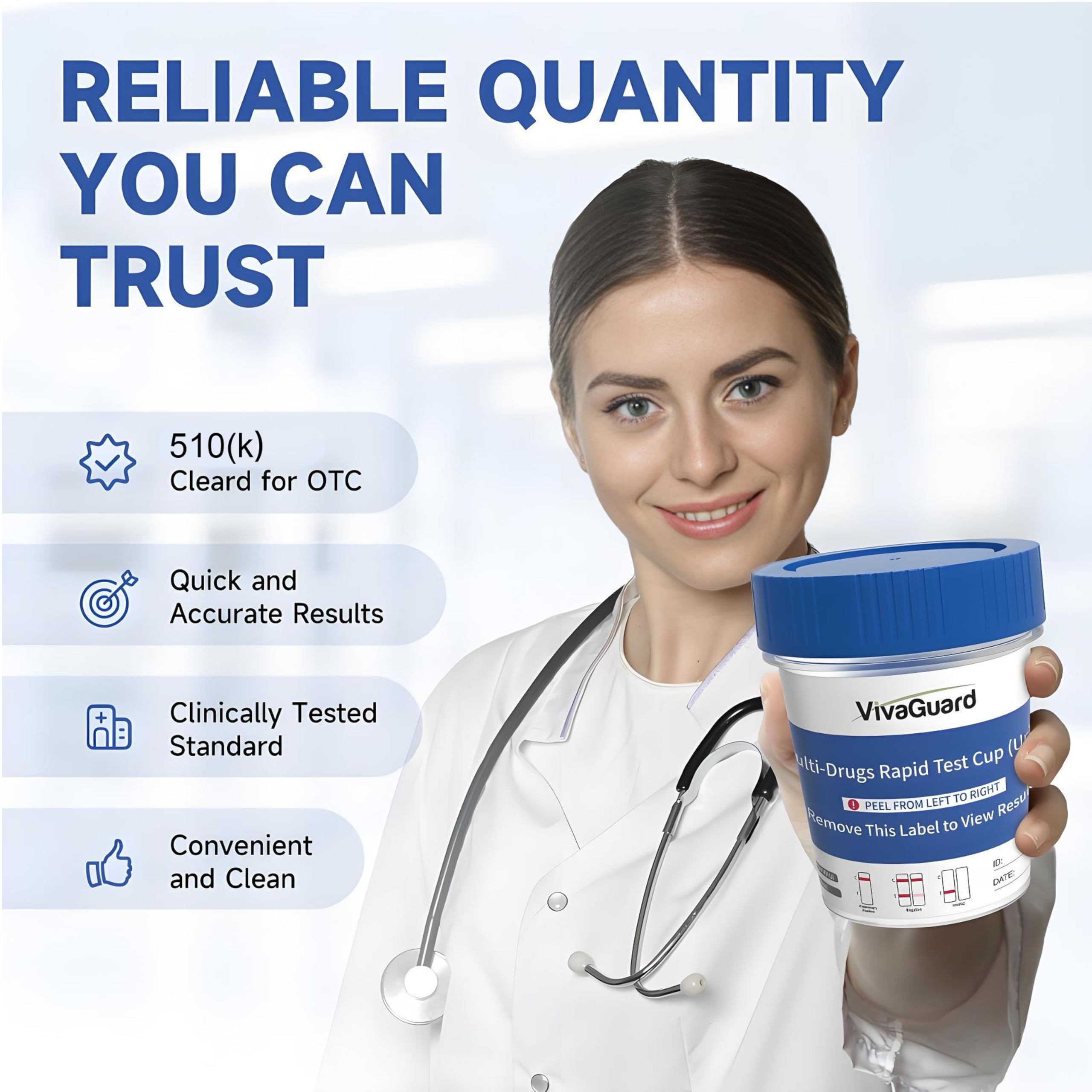 VivaGuard instruction card beside the test cup guiding urine collection