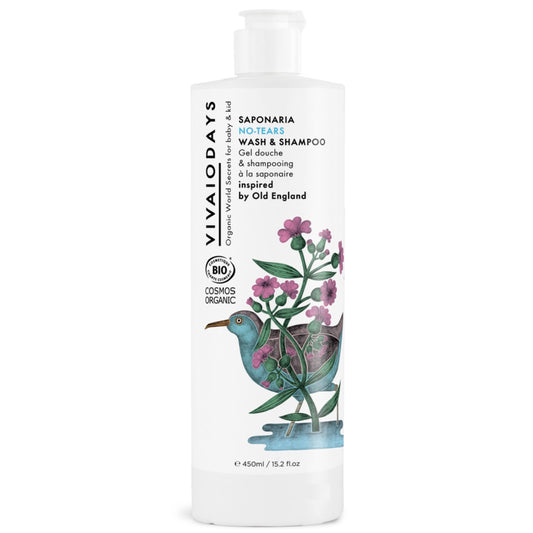 VIVAIODAYS Saponaria No-Tears Bottle Pour showing tearless, gentle cleansing