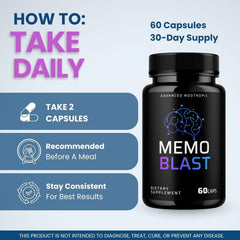 Label detail illustrating ingredients and daily usage guidance for Memo Blast