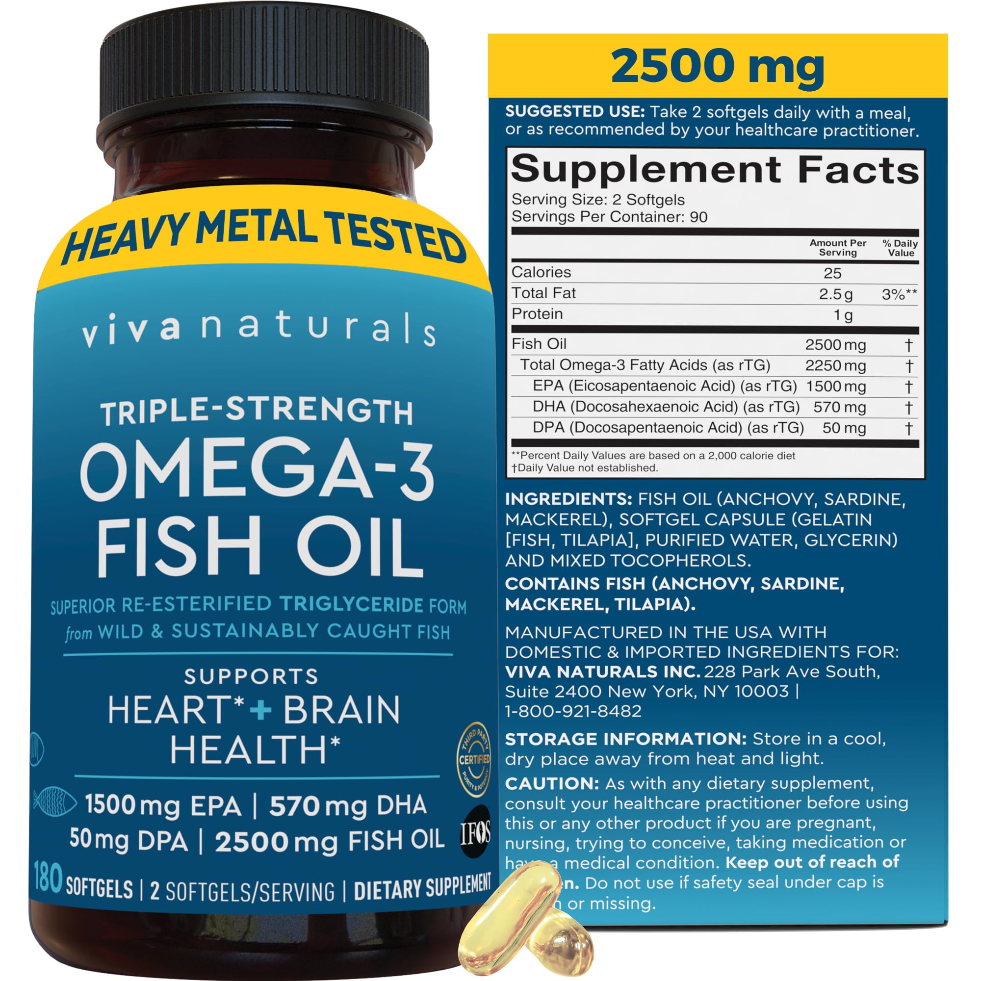 Viva Naturals triple-strength fish oil bottle showing high-potency omega-3 content.