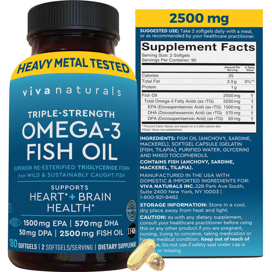 Viva Naturals triple-strength fish oil bottle showing high-potency omega-3 content.