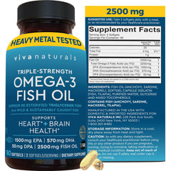 Viva Naturals triple-strength fish oil bottle showing high-potency omega-3 content.