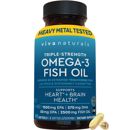 Viva Naturals triple-strength omega-3 bottle on shelf for daily supplementation.