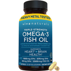 Viva Naturals triple-strength omega-3 bottle on shelf for daily supplementation.