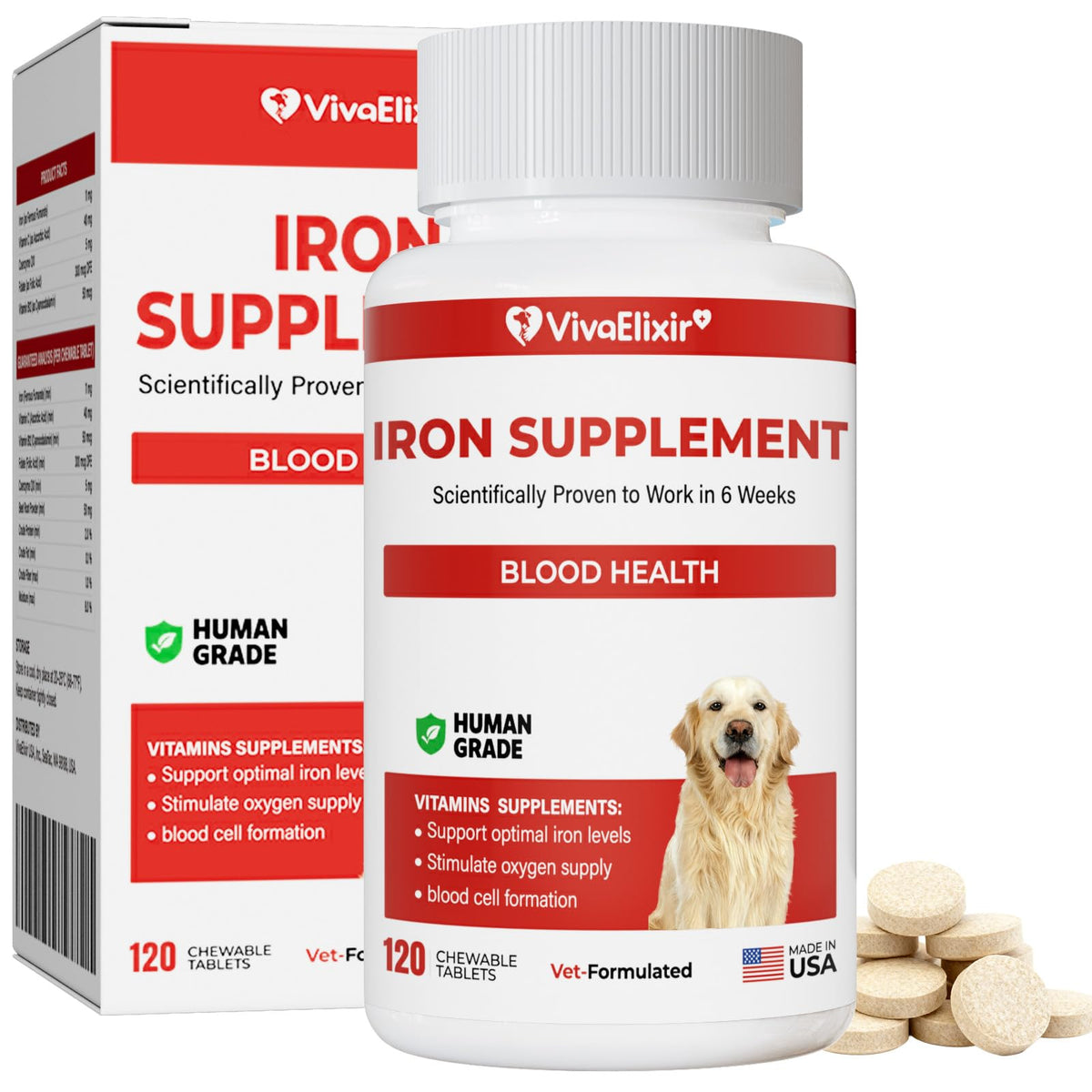 VivaElixir Iron Dog tablets on counter, supporting healthy red blood cells.