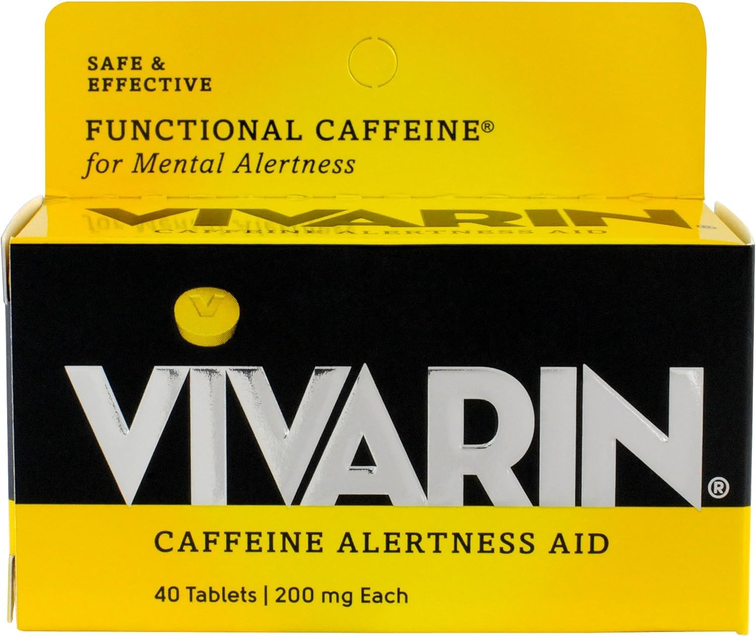 Vivarin alertness aid bottle front shows compact packaging for on-the-go energy.