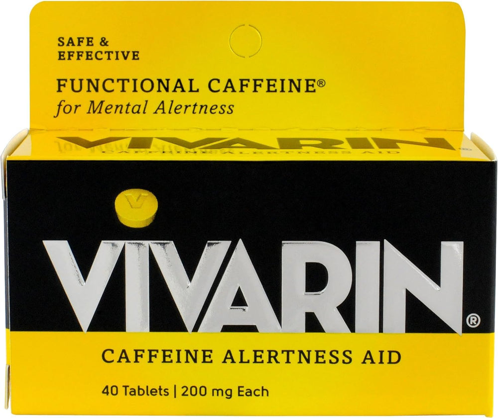 Vivarin caffeine tablets front bottle highlights 200 mg for quick focus.