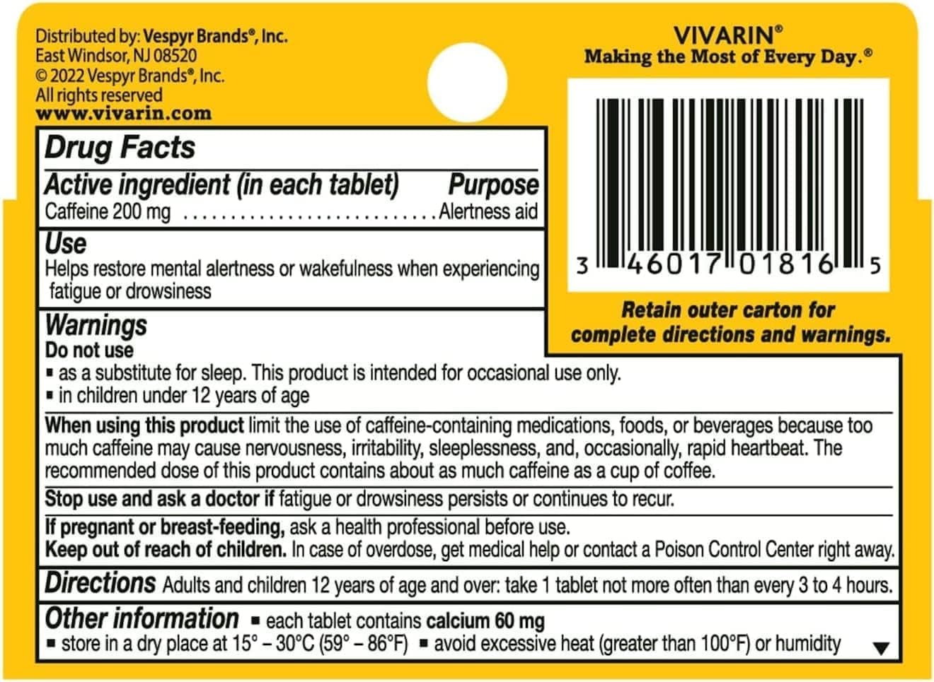 Vivarin nutrition label close-up showing caffeine content per tablet.