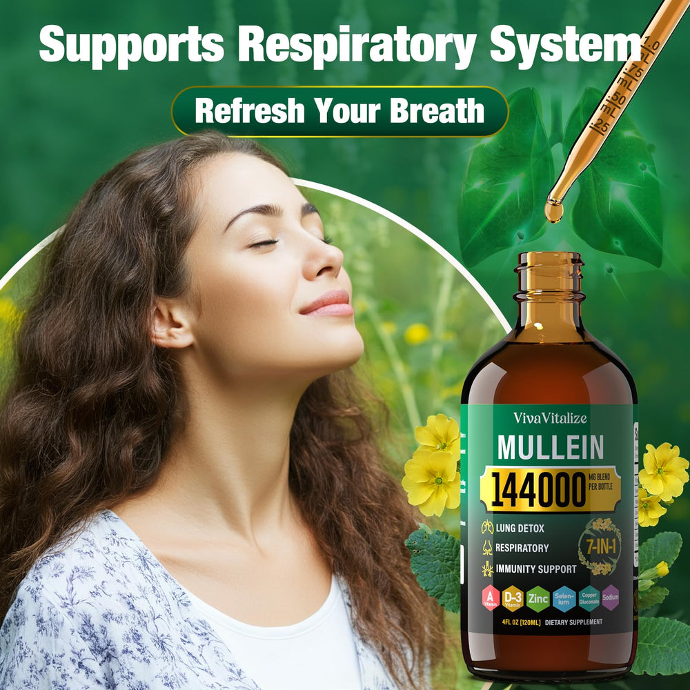 Close-up of label showing vegan, alcohol-free mullein extract premium formula.