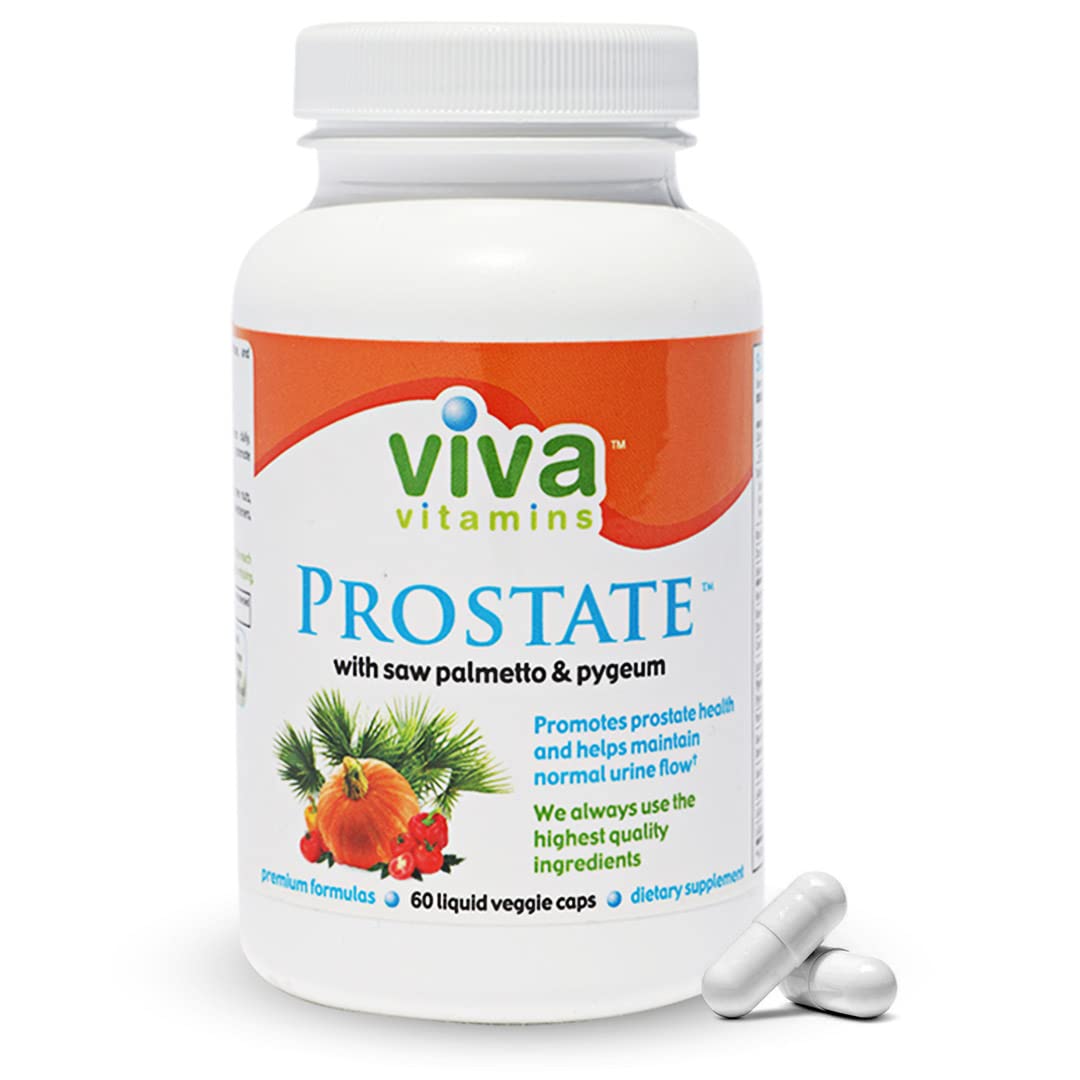 Viva Vitamins Prostate Health capsules arranged on a table.