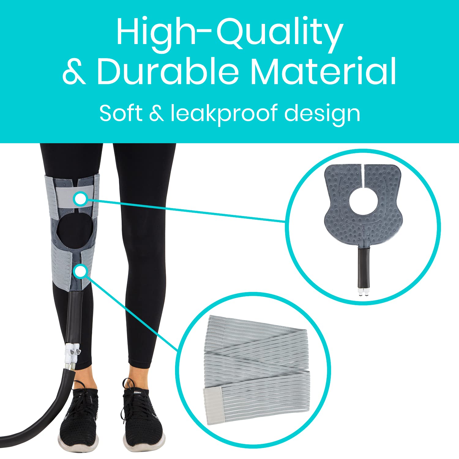 Vive knee pad adjustable straps keep it in place hands-free.