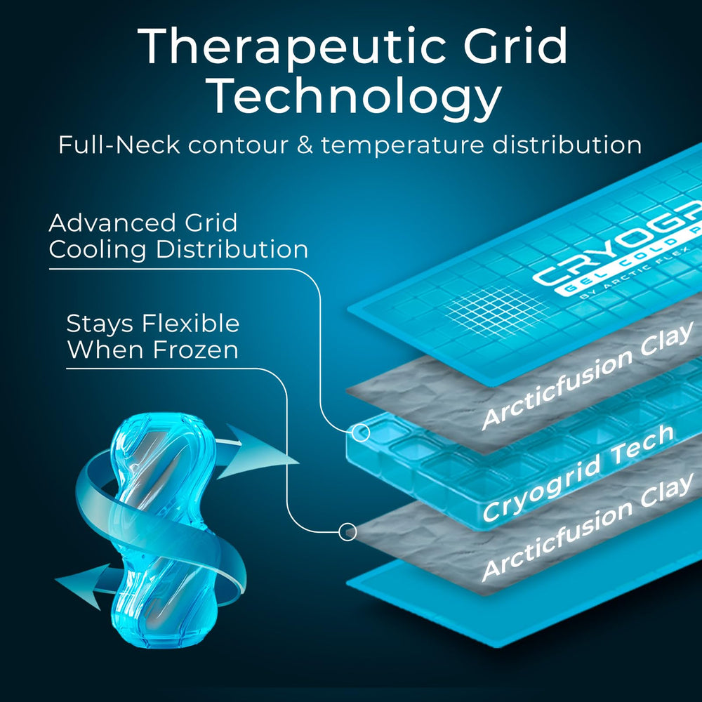 Vive Cryogrid neck ice pack shown in freezer for reusable cooling sessions.