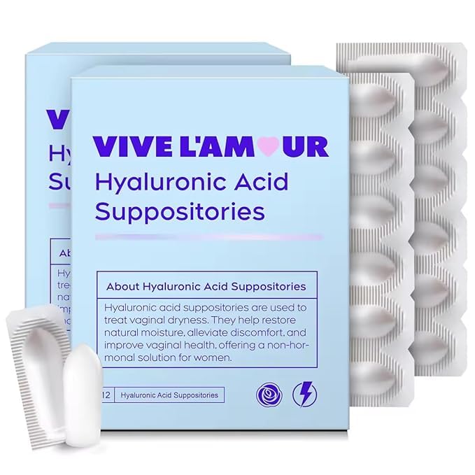 Vive L'Amour 24-count box of hyaluronic acid vaginal suppositories for continuous moisture.