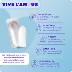 Natural ingredient highlights like microbial fermentation and plant oils on Vive L'Amour packaging.