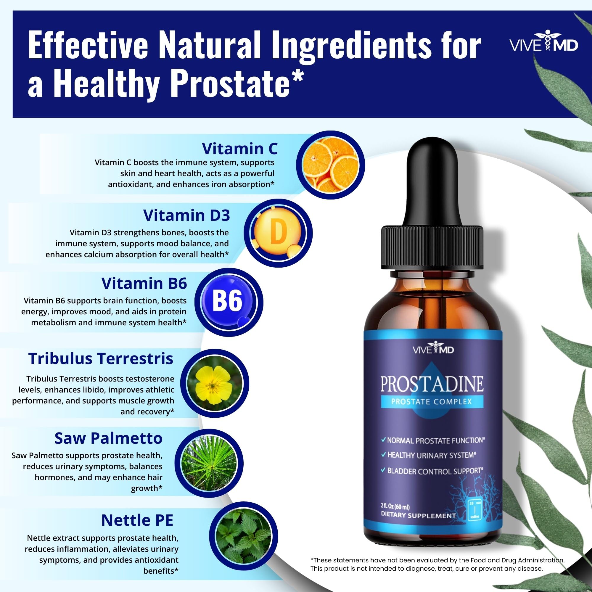 VIVE MD Prostadine Drops with pomegranate ingredient highlighted