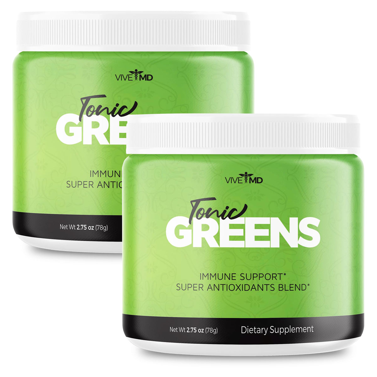 VIVE MD Tonic Greens bottle shown, supports daily energy with natural green blend.