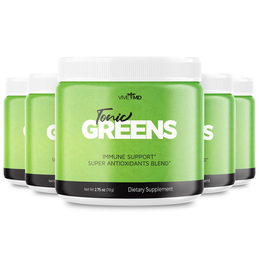 VIVE MD Tonic Greens bottle on desk for daily energy support.