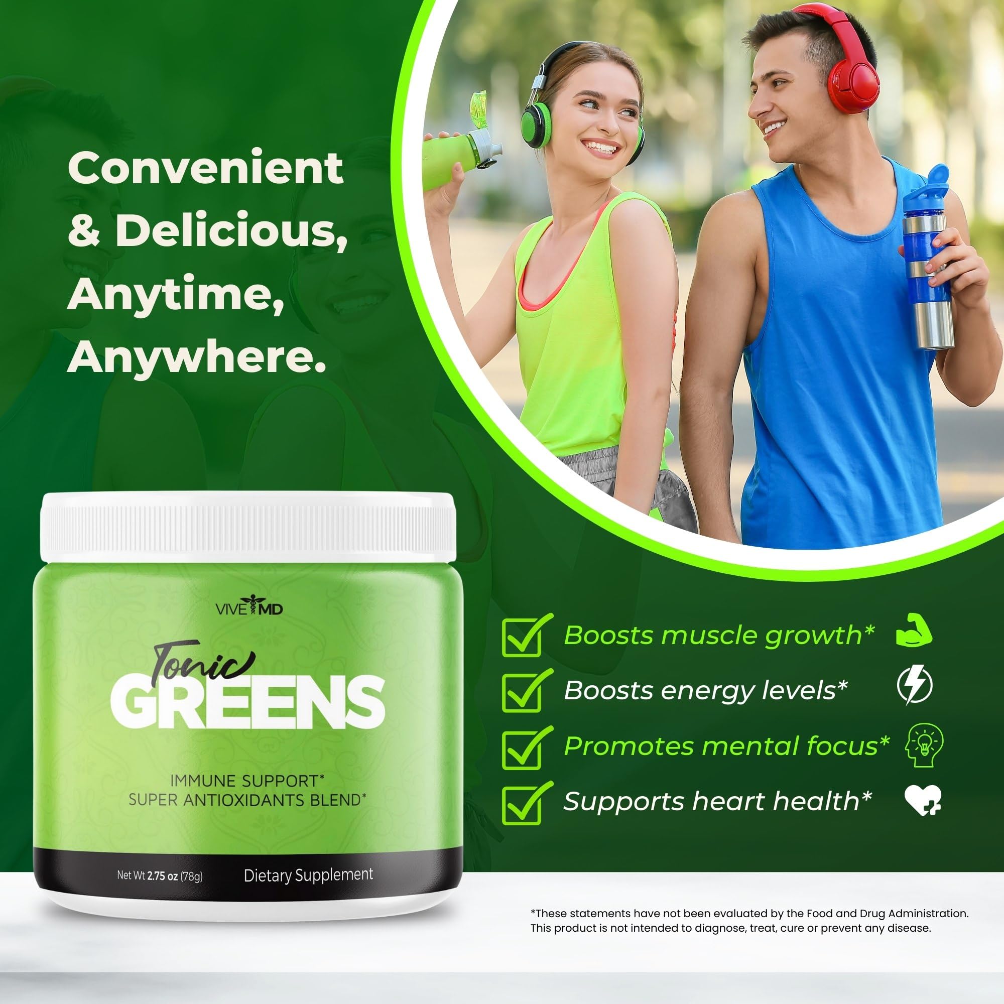 VIVE MD Tonic Greens label close-up, official formula for natural energy support.