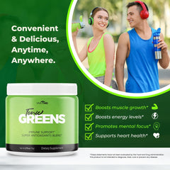 Tonic Greens box and sachets show convenient five-pack packaging.