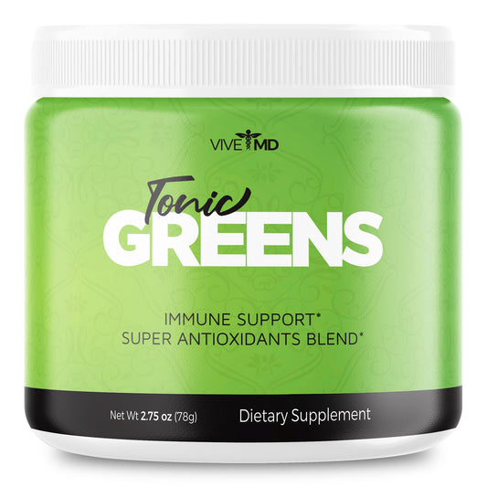 VIVE MD Tonic Greens powder bottle front showing natural greens for energy support.