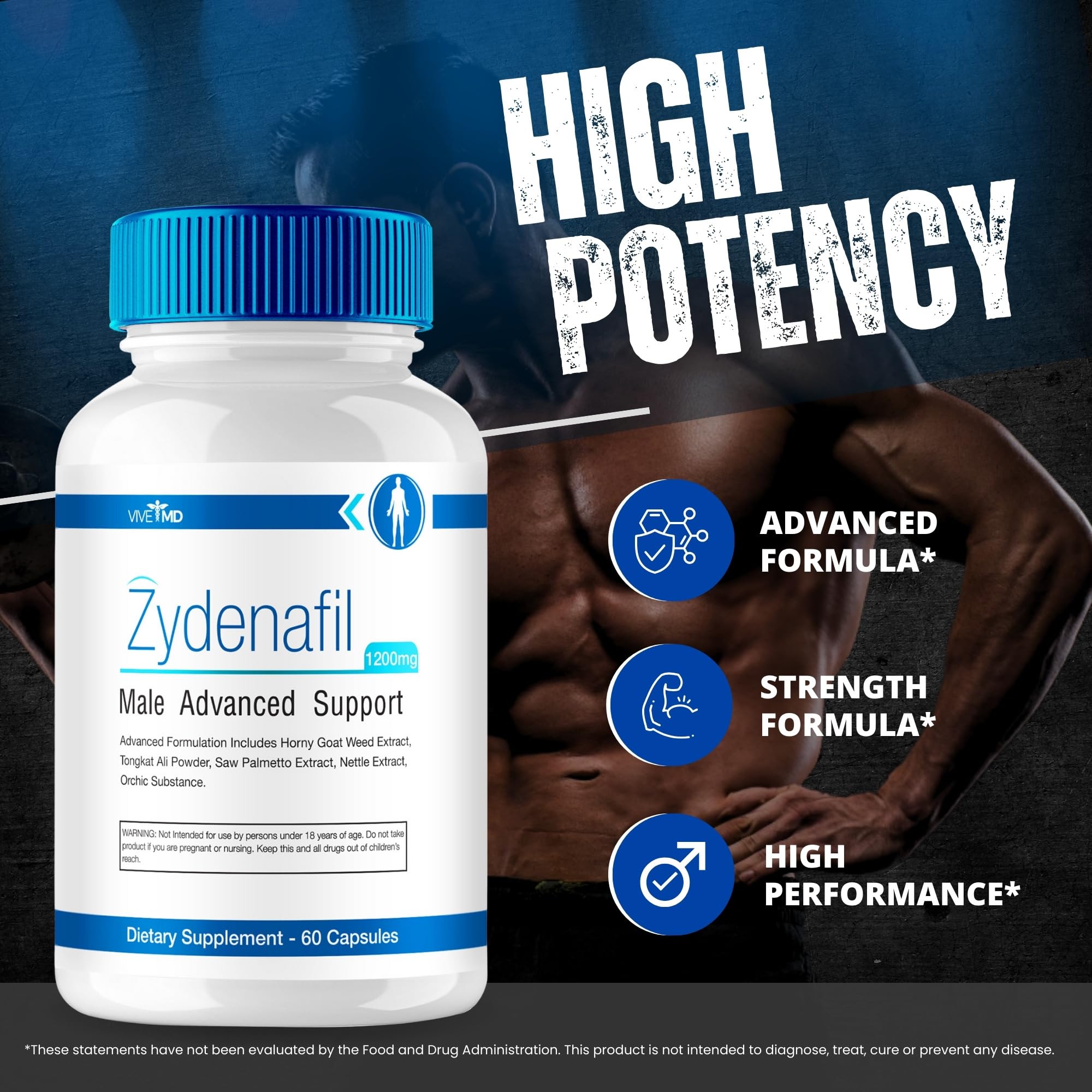 VIVE MD Zydenafil 1200mg label highlights high potency per serving.