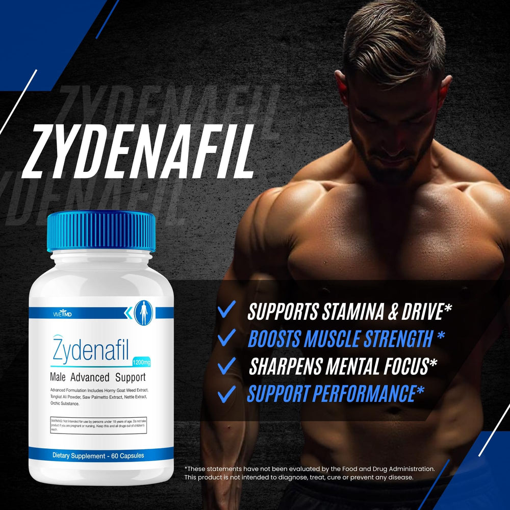 VIVE MD Zydenafil bottle close-up shows capsule texture.