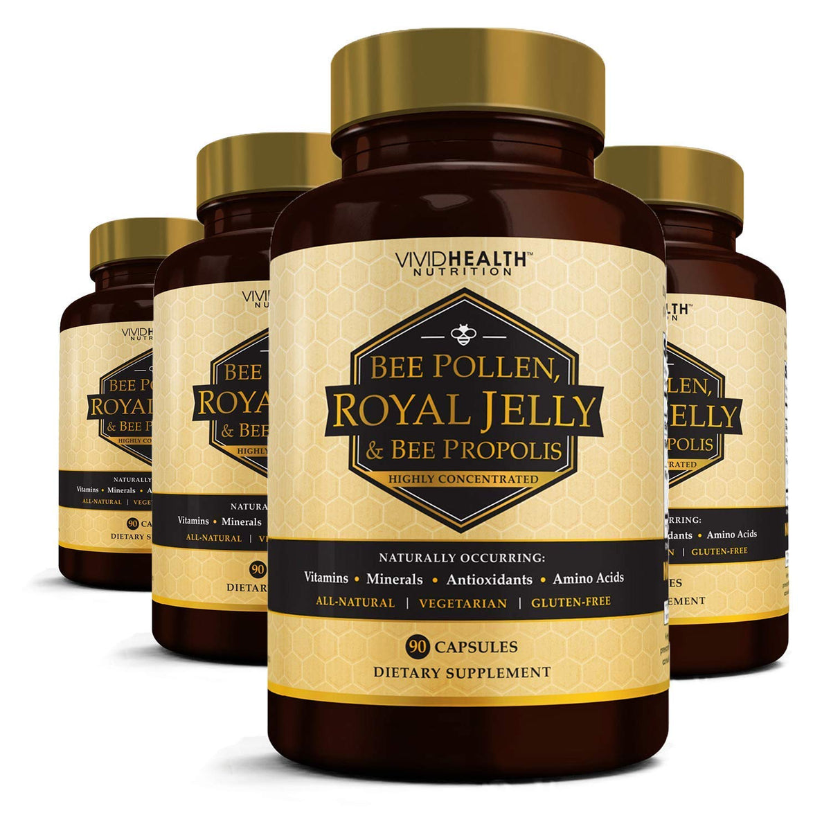 Vivid Health Nutrition immune-boosting royal jelly bottle with bee pollen and propolis for daily vitality.
