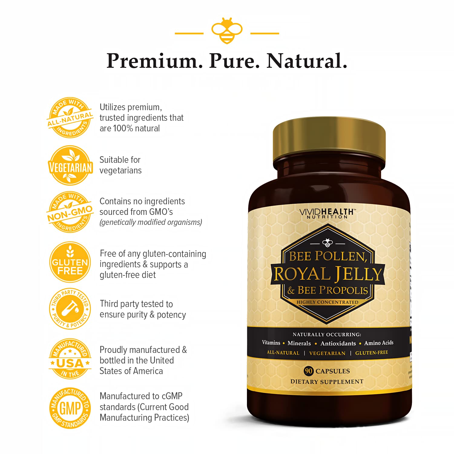 Vivid Health Nutrition third-party tested seal communicates purity and safety for quality assurance.