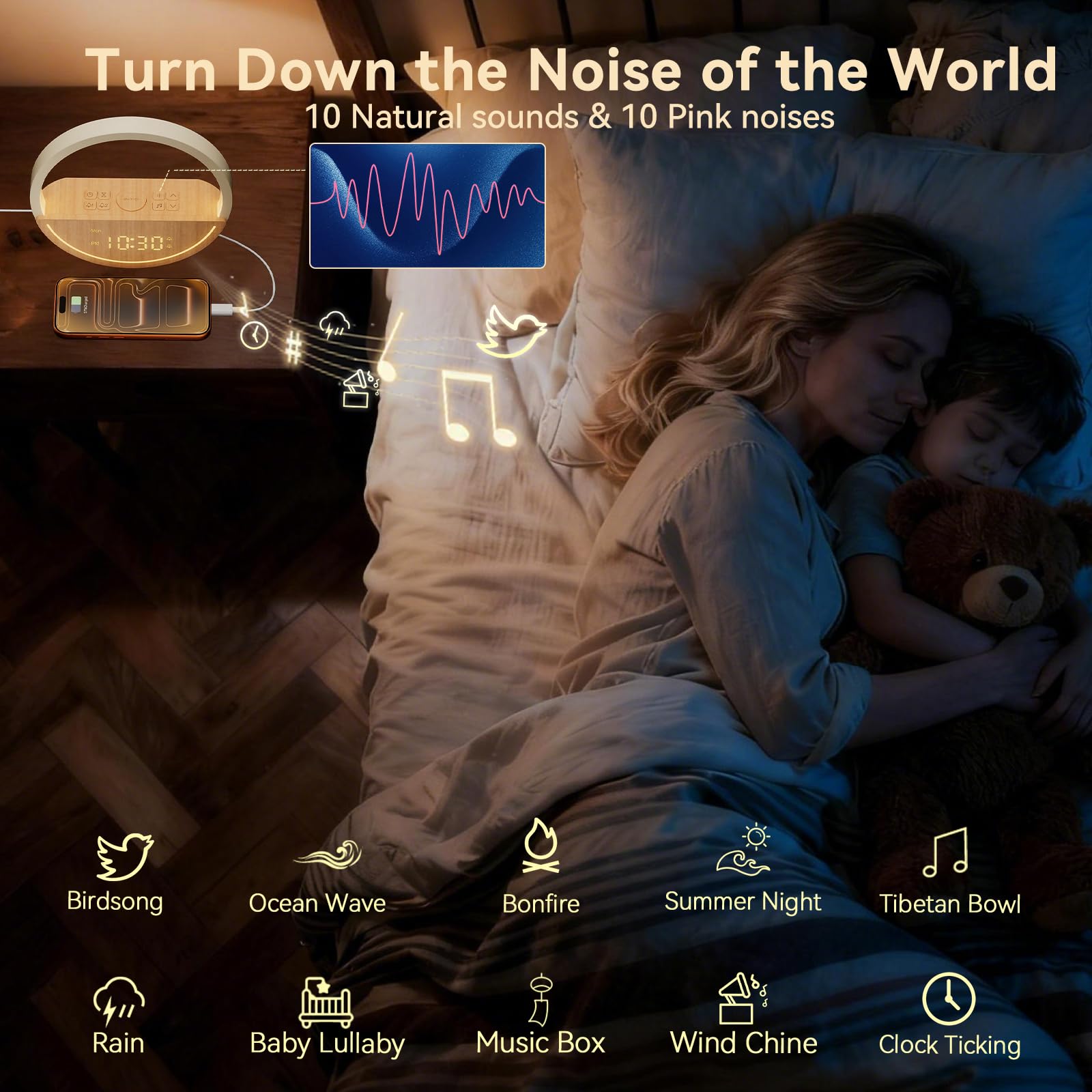 Vivilumens wake up light 20-sound library creates soothing sleep atmospheres.
