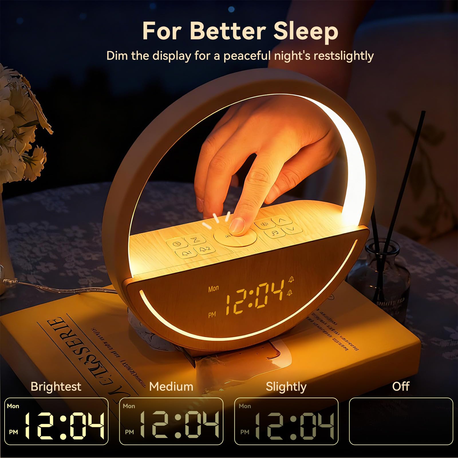 Vivilumens wake up light display-off mode enables total darkness for deeper rest.
