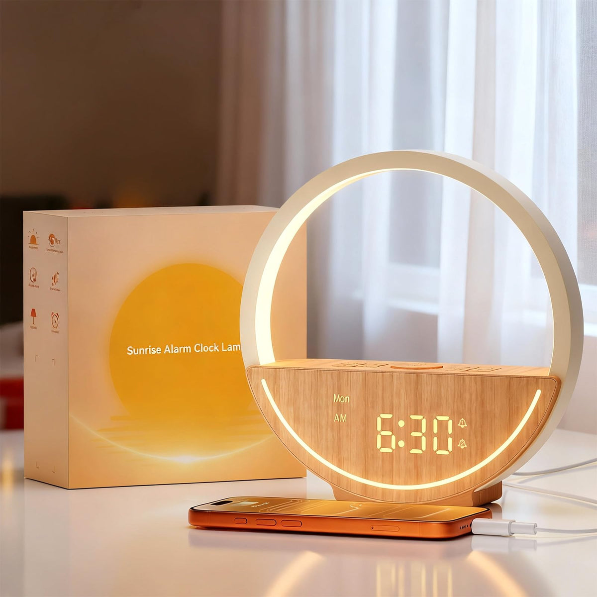 Vivilumens wake up light front view with gentle dawn for calmer mornings.