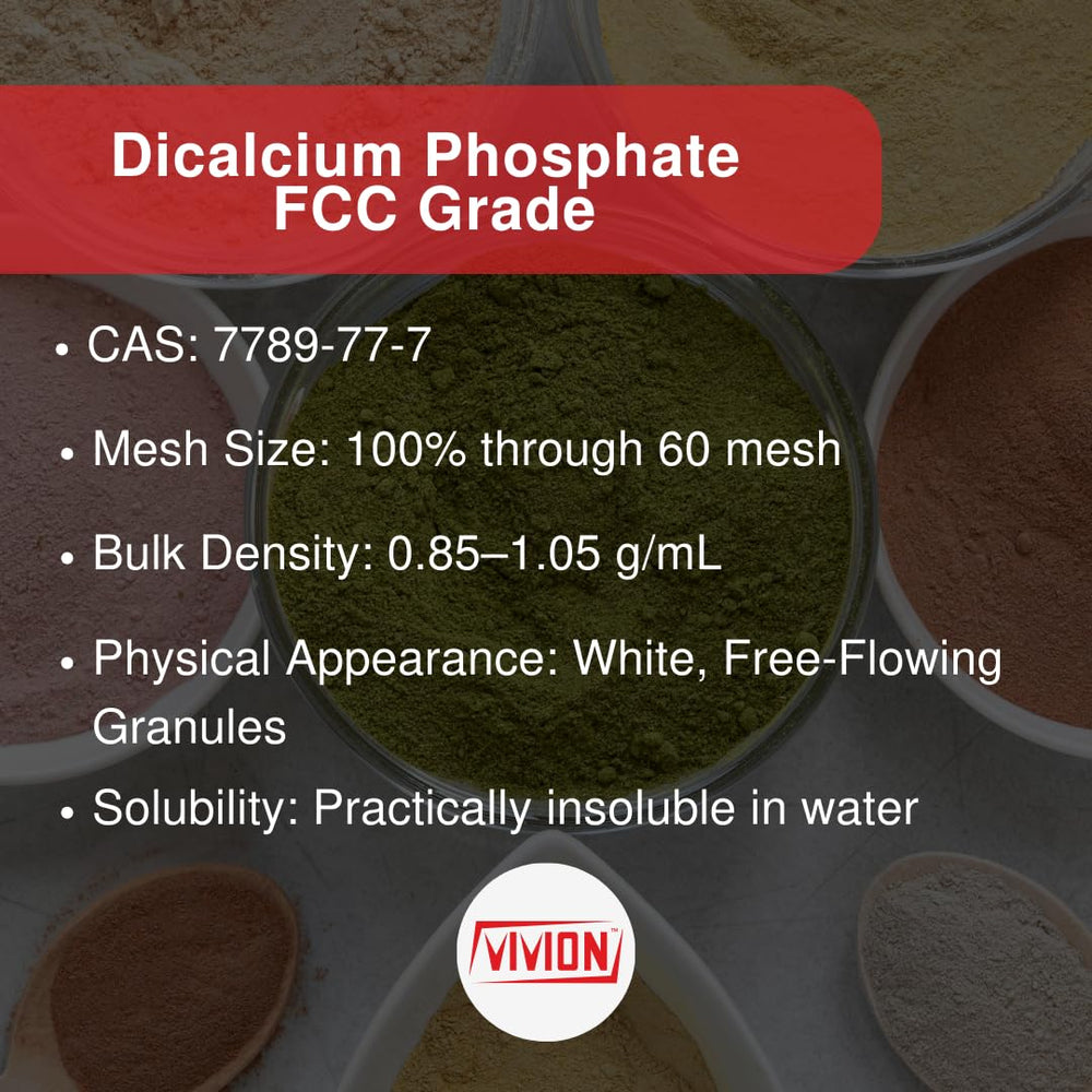 Vivion Dicalcium Phosphate Anhydrous powder showing smooth granular flow for batching