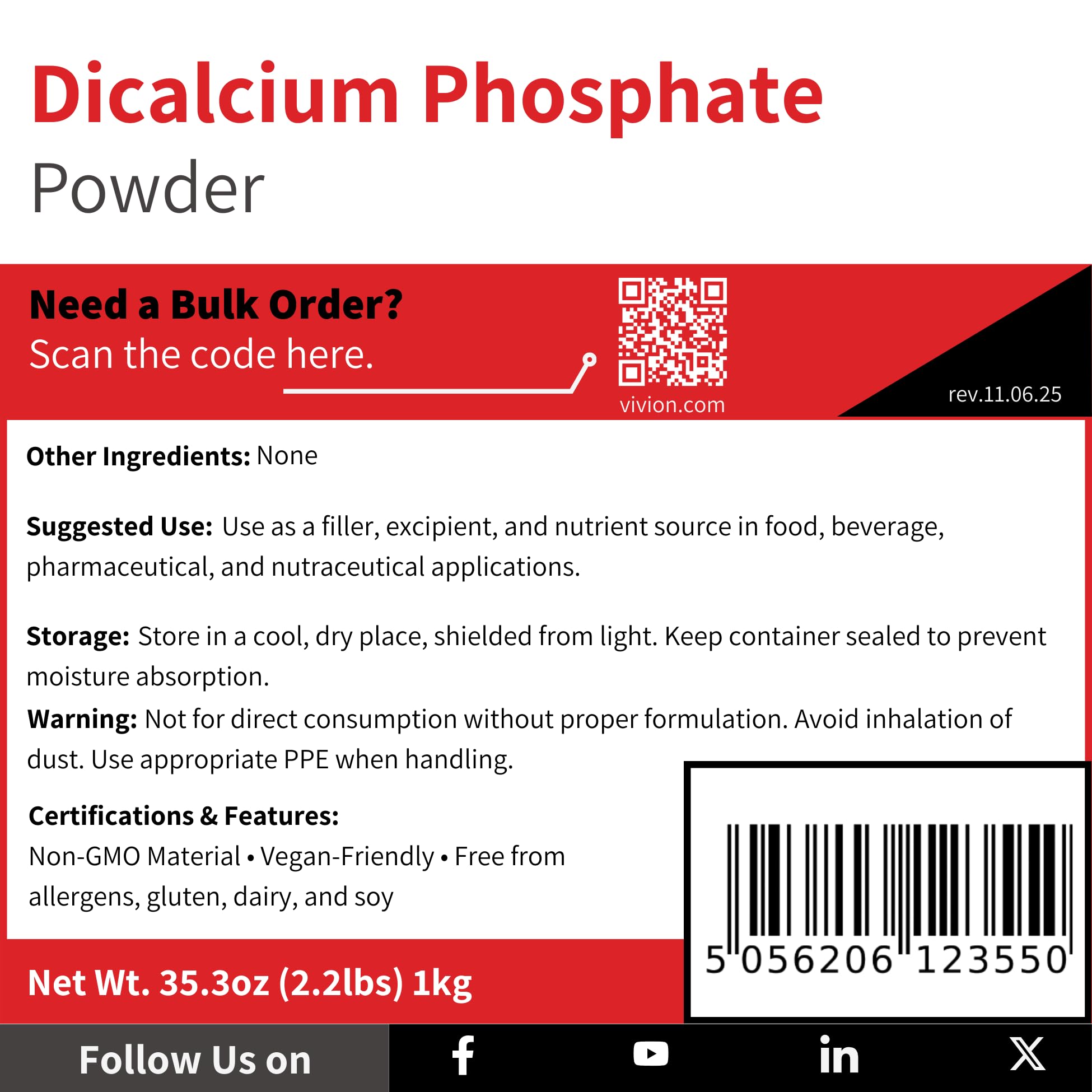 Vivion Dicalcium Phosphate Anhydrous label with CAS and EC numbers