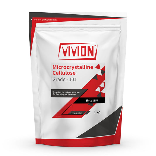 Vivion MCC 101 1kg package; compact powder for formulation readiness.