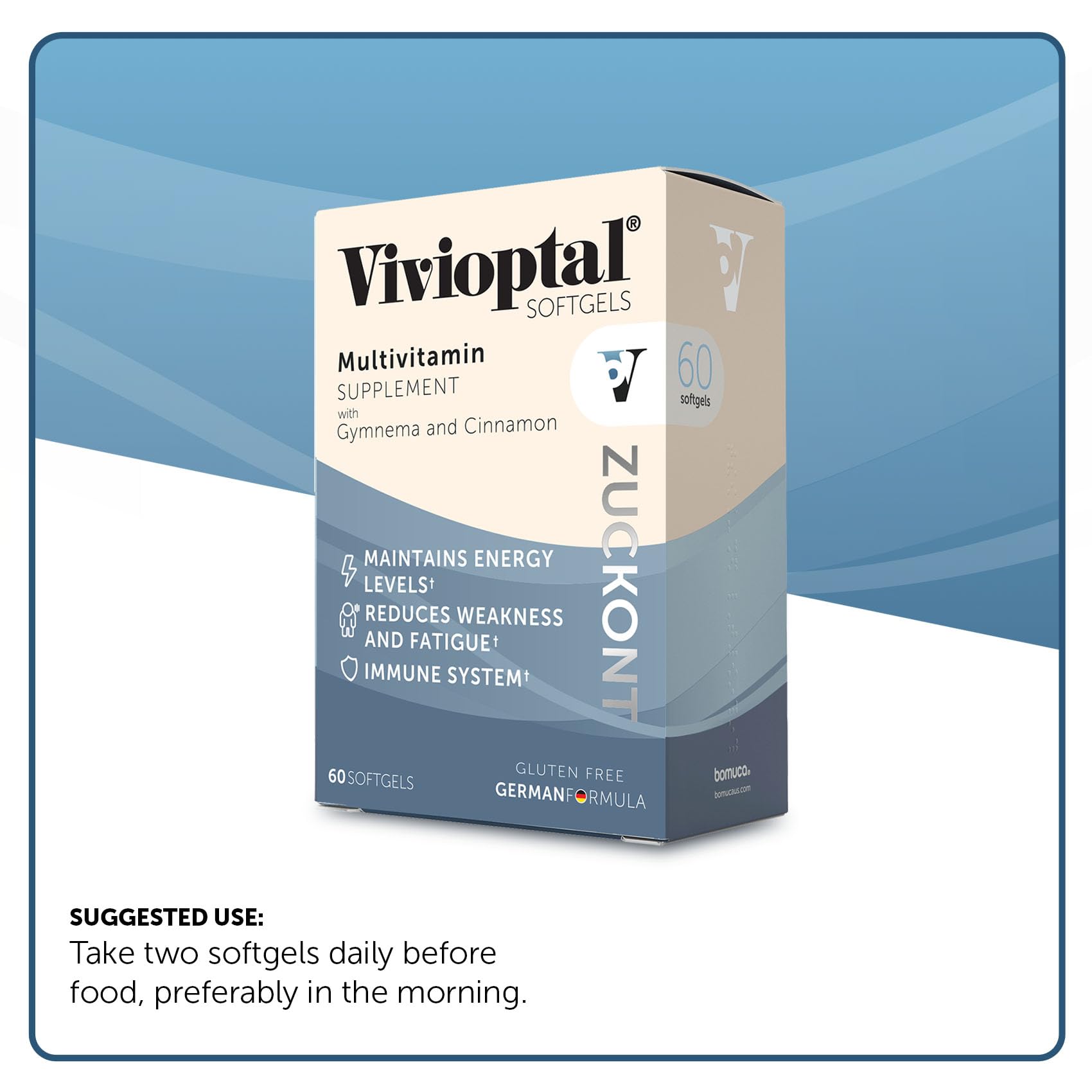 Vivioptal bottle shown on kitchen counter with healthy foods.