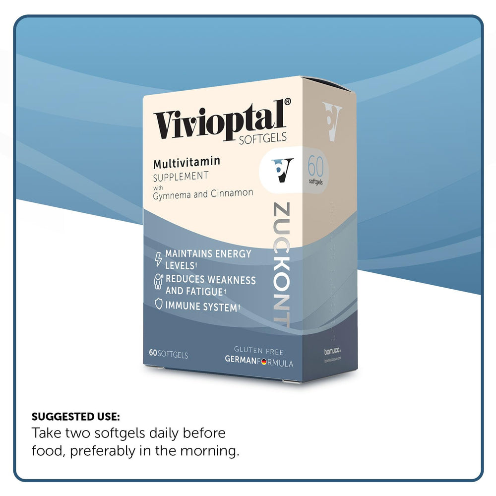 Vivioptal bottle shown on kitchen counter with healthy foods.