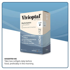 Vivioptal bottle shown on kitchen counter with healthy foods.