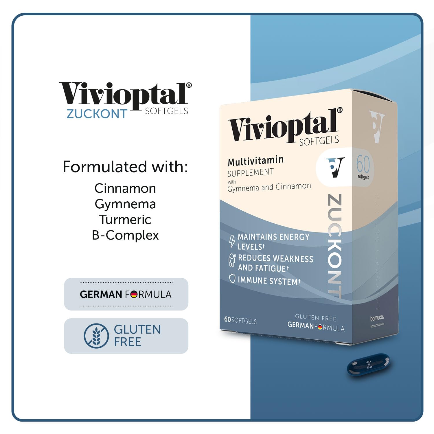 Label highlights Gymnema and Cinnamon ingredients for daily balance.