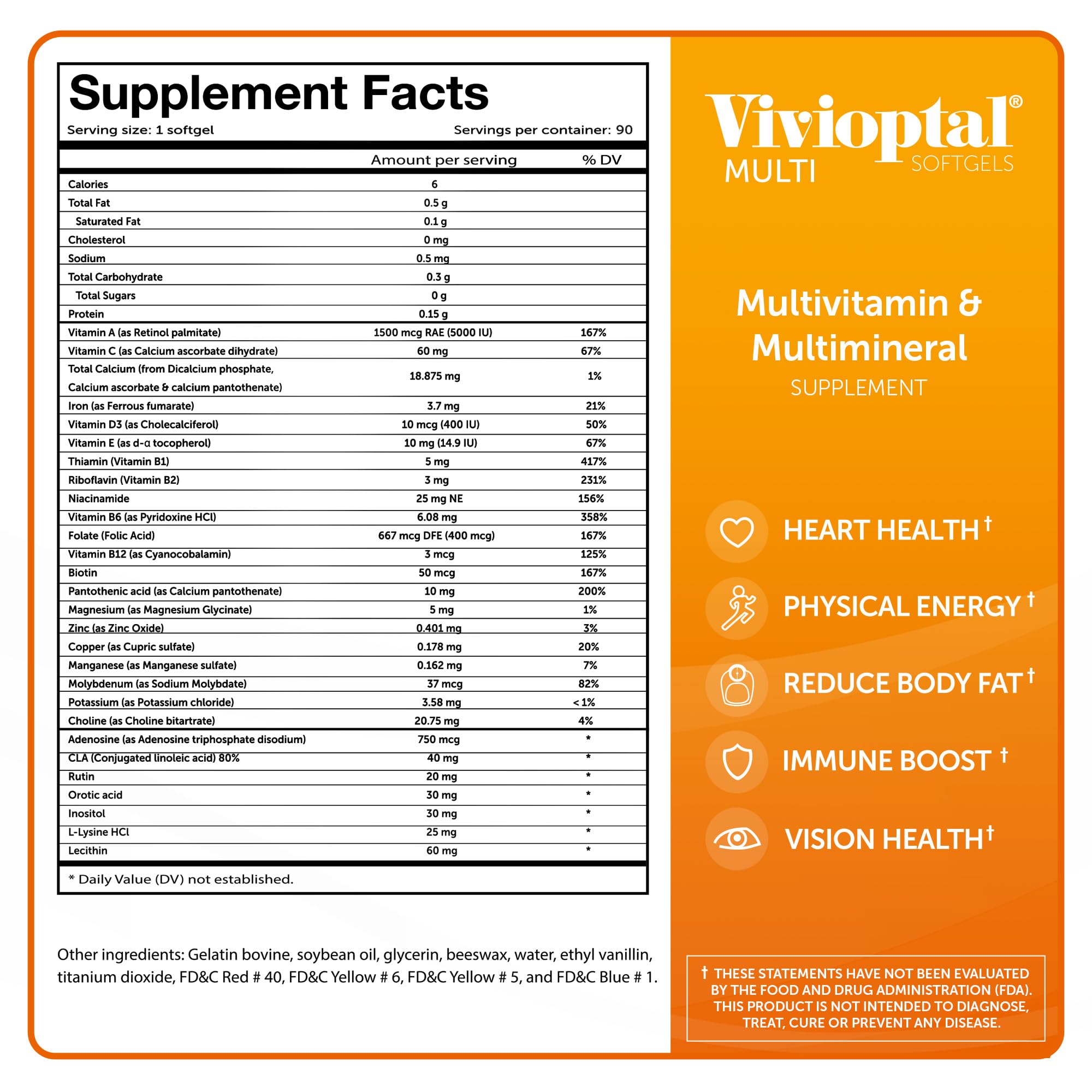 Vivioptal Multi ingredients chart shows essential vitamins and minerals.