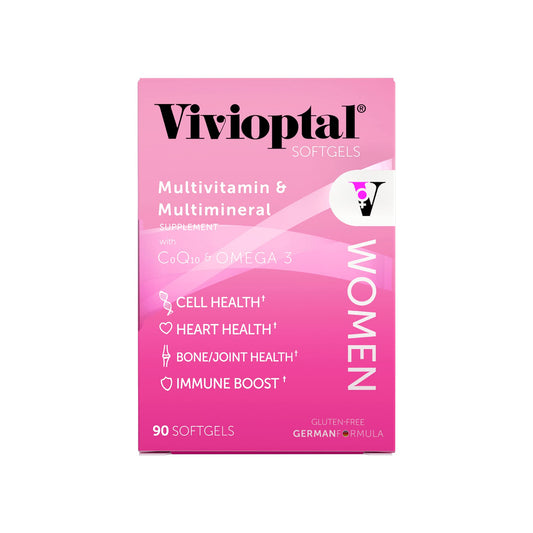 Vivioptal Women softgels closeup shows smooth capsules for easy daily use
