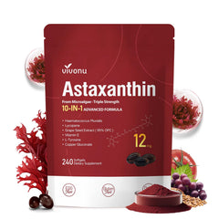 VivoNu 12 mg astaxanthin capsules in bottle for a 120-day supply.