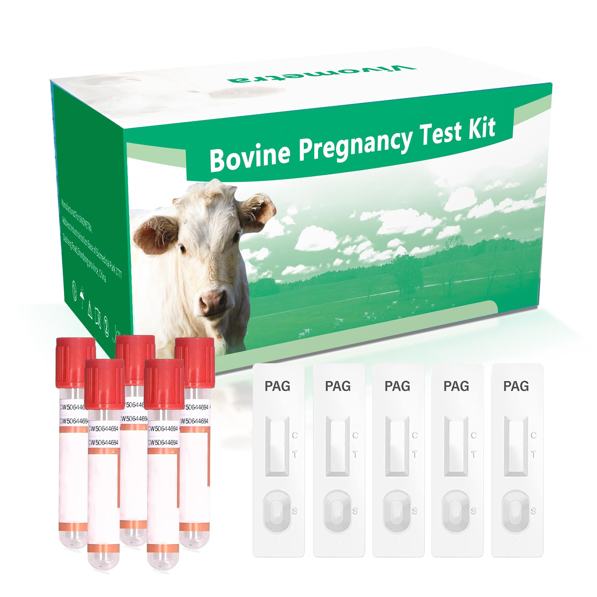 Vivometra bovine pregnancy test kit packaging for on-farm use and quick results.