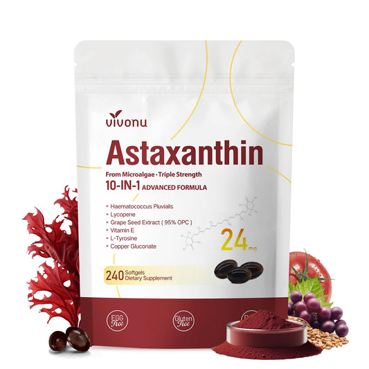 VivoNu 10 in 1 astaxanthin bottle showing 24 mg per serving for eye and skin support