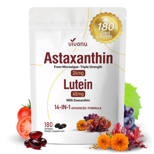 VivoNu 14-in-1 astaxanthin softgel bottle supports daily eye vitality.